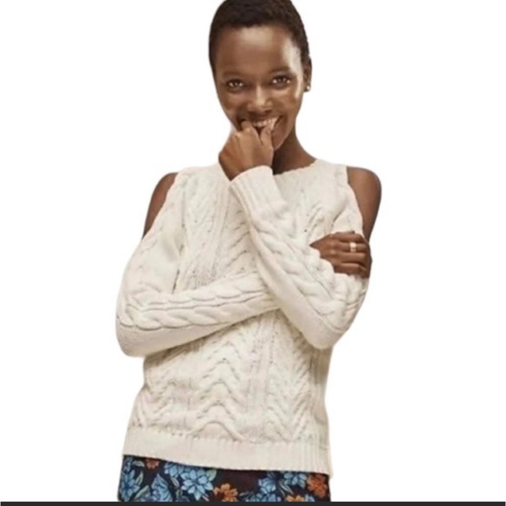 Loft NWT Cable Knit Cream Cold Shoulder Sweater Women's Size M